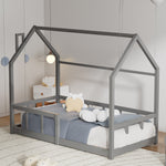 Kids Pine Wood House Bed Frame With Guardrails – 160cm X 80cm Low Design Single Toddler Bed For Safe And Fun Sleep | Grey