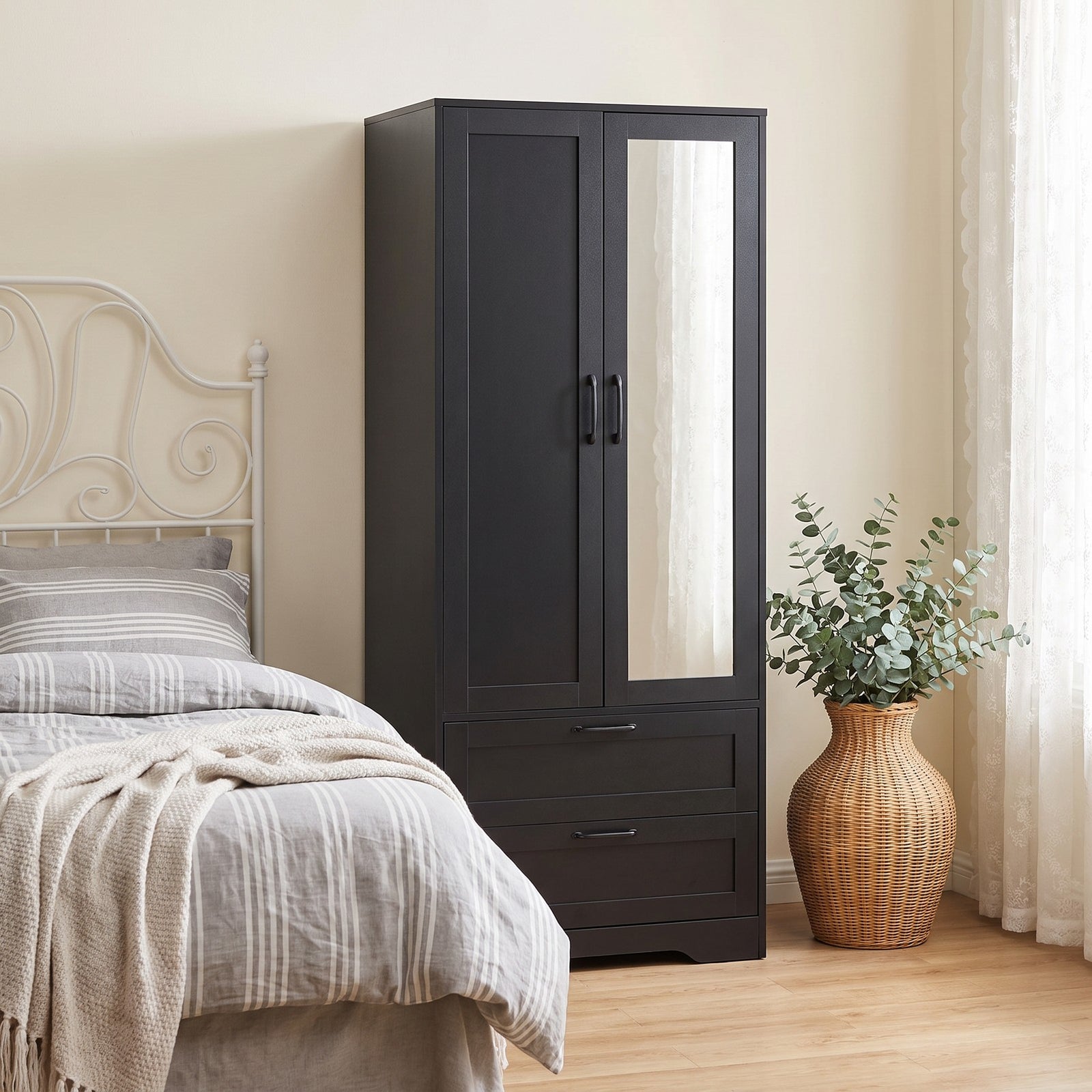 2-door Wardrobe With Drawers & Mirror | One Size | Black