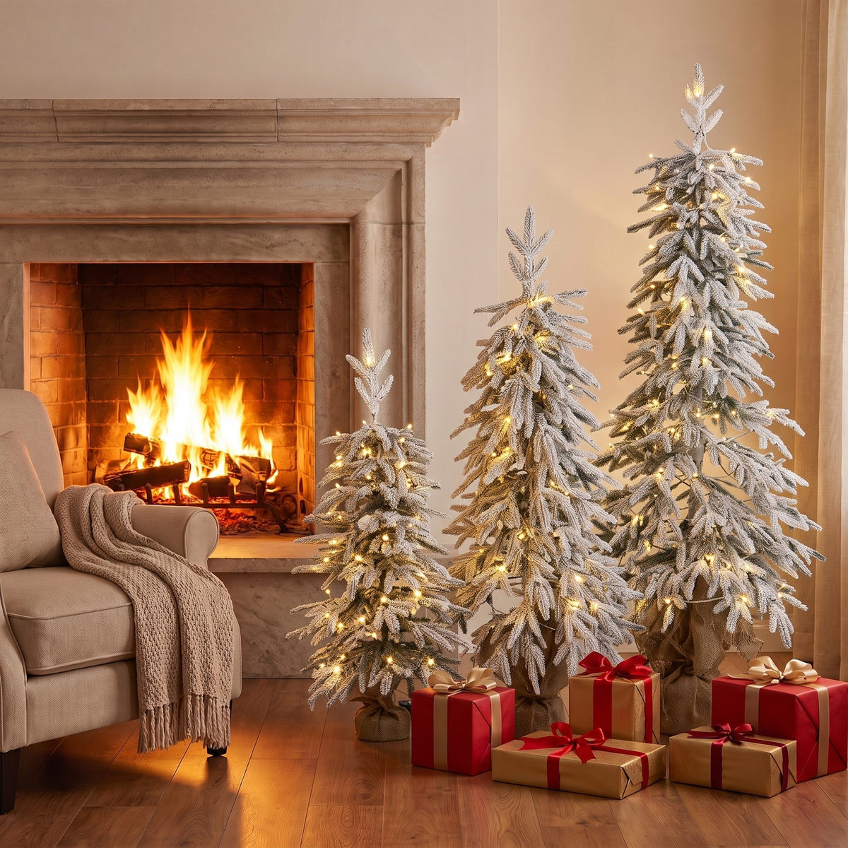 HOMCOM Prelit Flocked Artificial Christmas Tree Set Of 3, 3ft/4ft/5ft