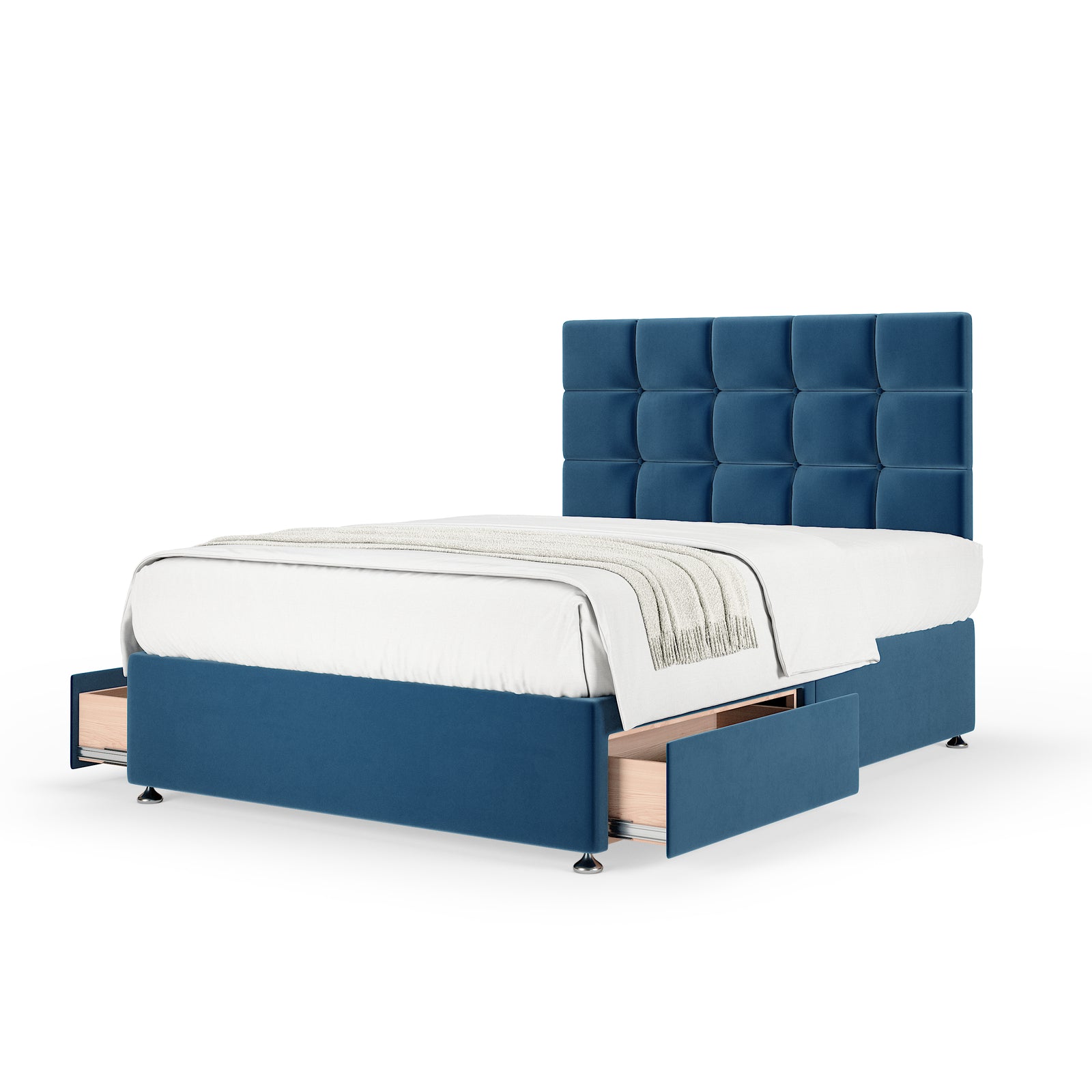 Plush Velvet 2 Drawer Divan Base And Square Headboard | Small Single | Midnight Blue