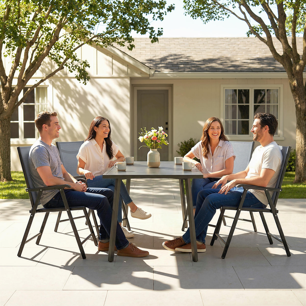 Folding Garden Chairs Set With High Back, Armrests | Set of 4 | Grey