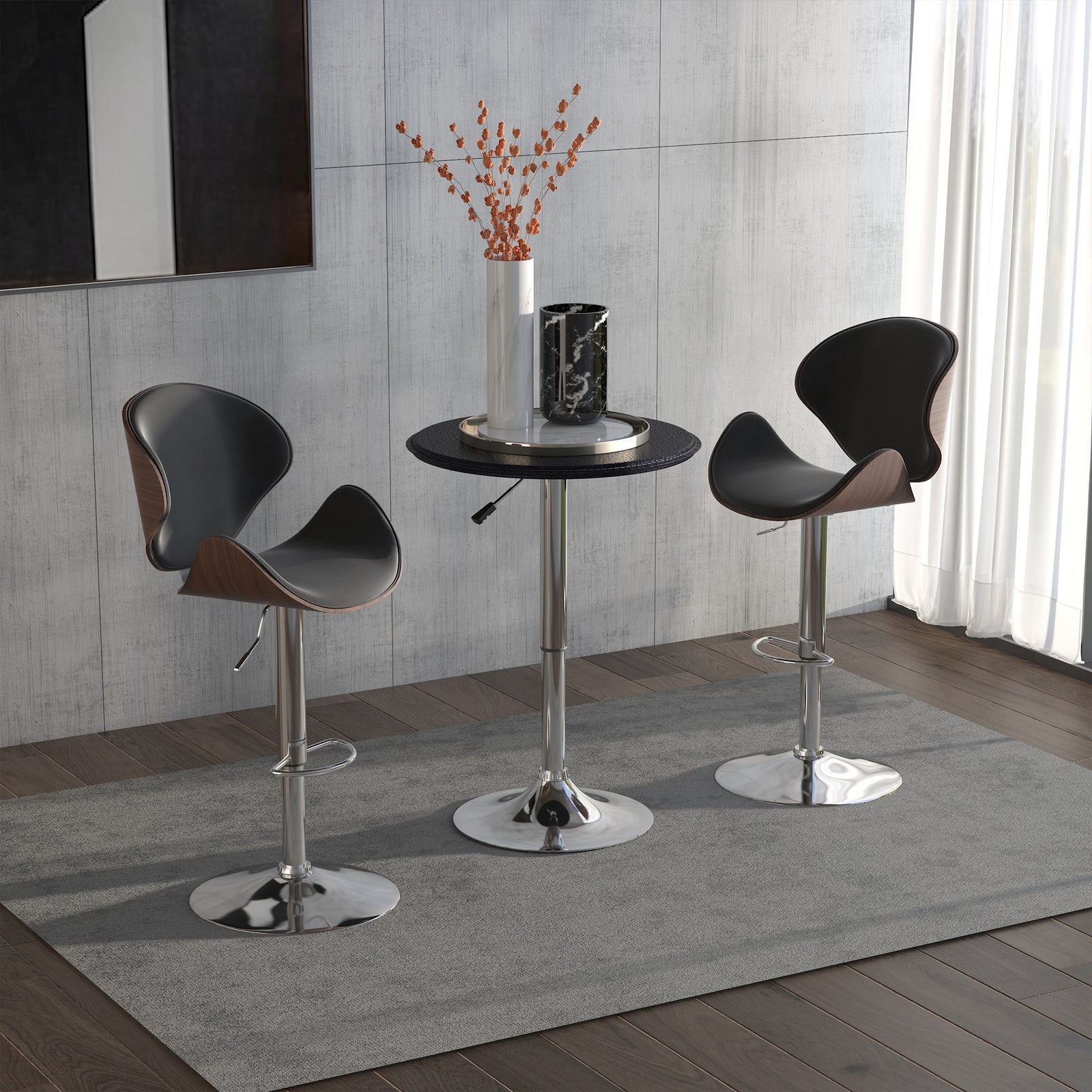 Adjustable Round Bistro Bar Table, Pu Leather Top