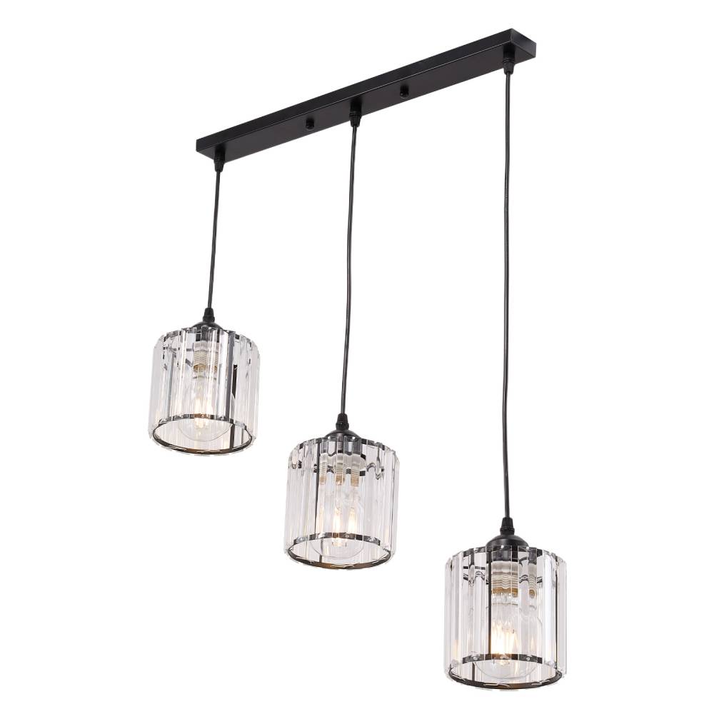 Modern 3-light Crystal Pendant Light Adjustable Linear Ceiling Fixture With Round Glass Shades | Black