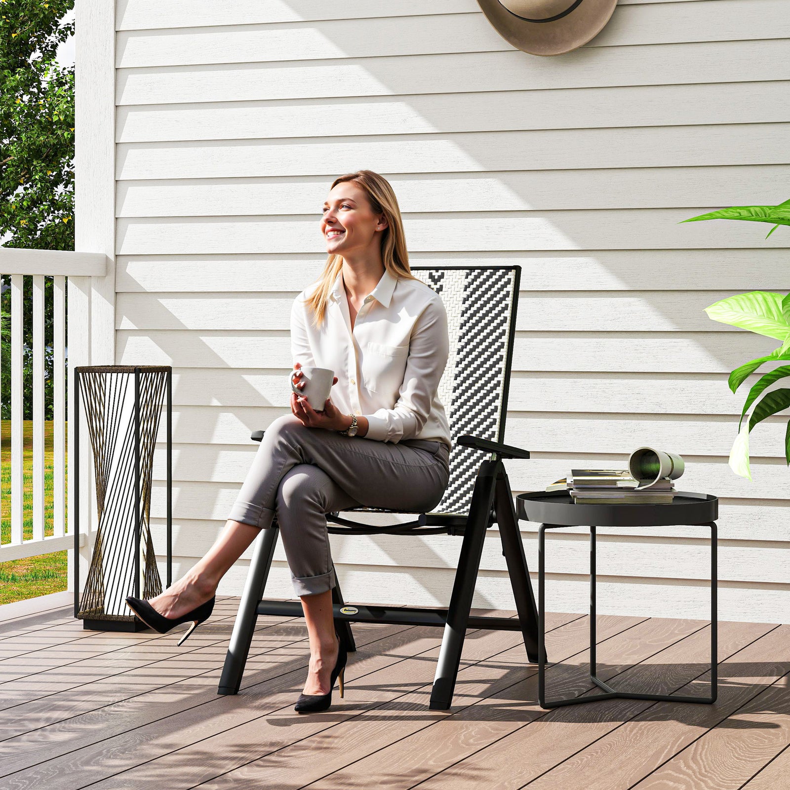 Outdoor Rattan Folding Chair, 5-position Backrest | Black