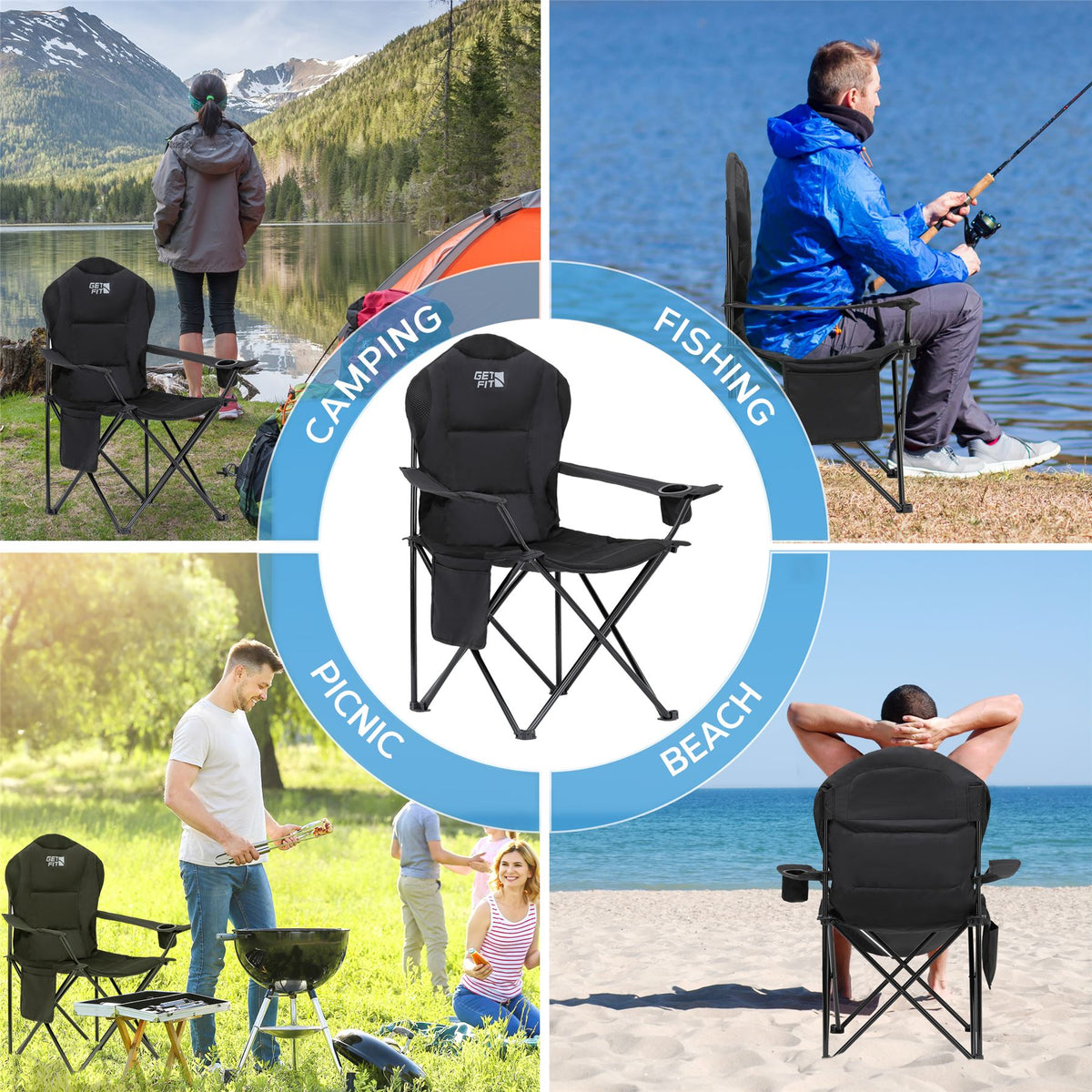 Premium Camping Chair - Thick Padded Folding Chair For Adults With Magazine Pocket, Cup Holder & Carry Bag - Lightweight 3kg - Heavy Duty Foldable Picnic Chair | Single | Jet Black