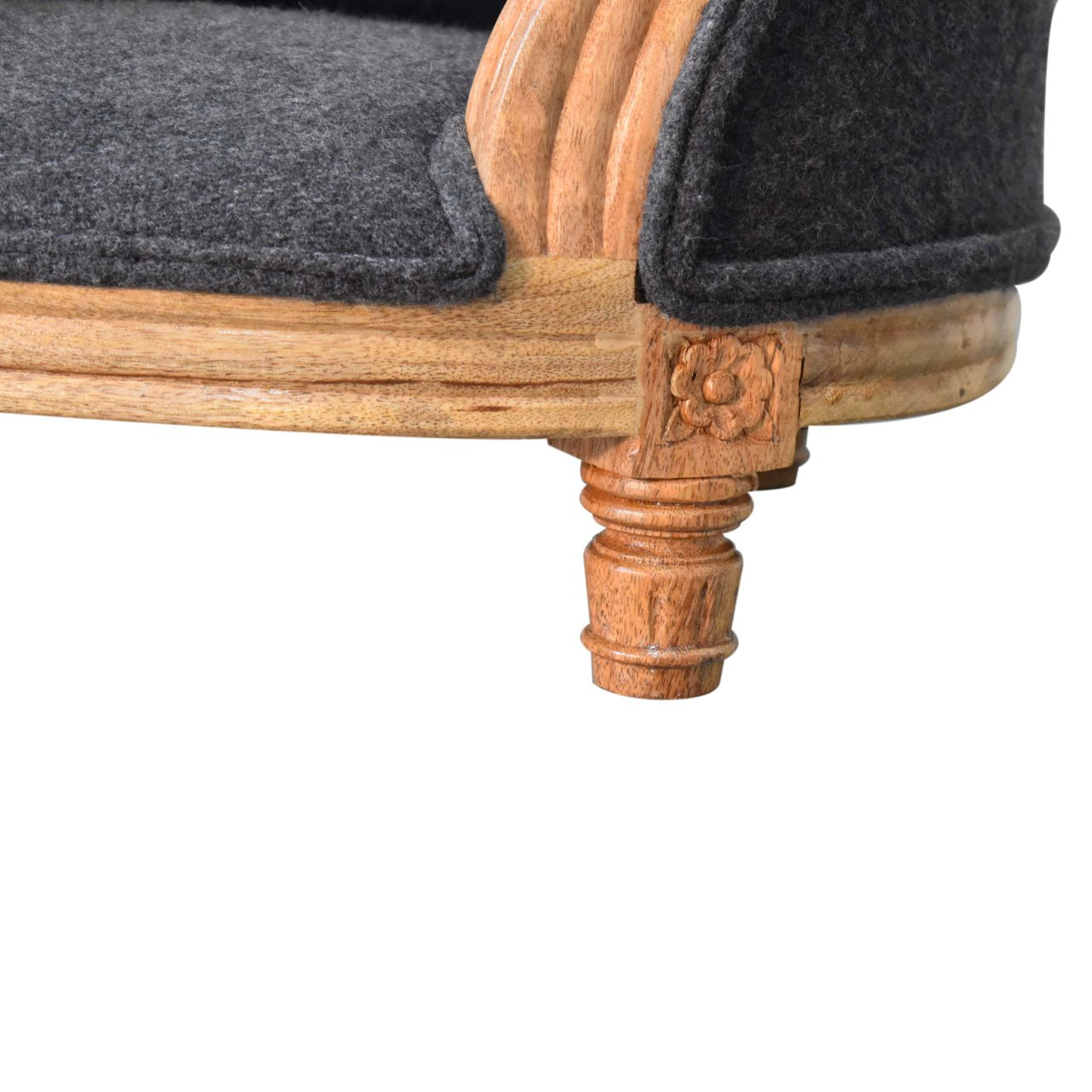 Solid Mango Wood, Upholstered Carved Battleship Tweed Pet Bed