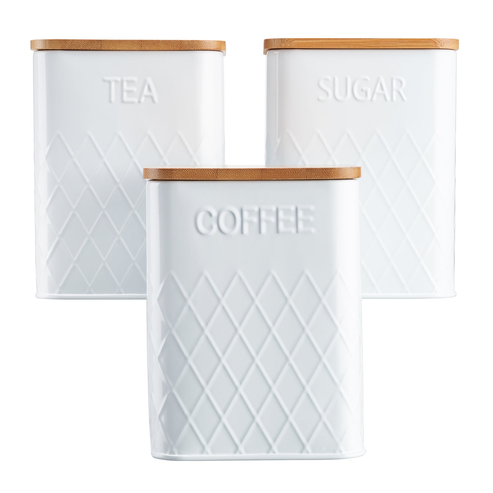 3-piece Kitchen Storage Square With Bamboo Lids Tea Coffee Sugar | White