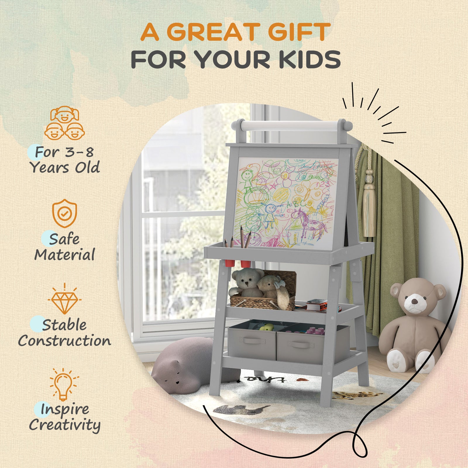 Double-sided Art Easel For Kids W/ Paper Roll, Storage Baskets | Grey