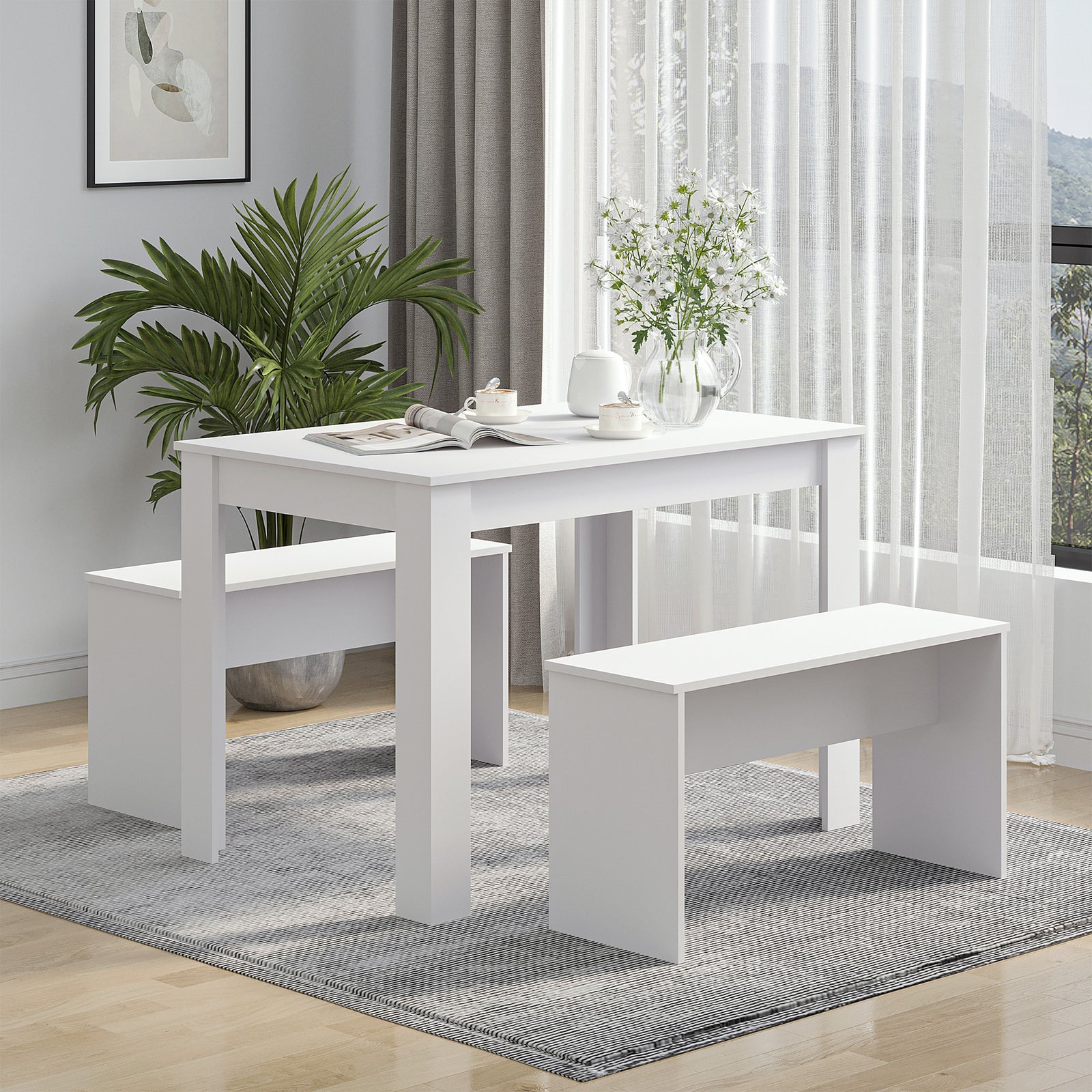 3 Pcs Modern Dining Table Set   Table 2 Bench Seats Compact