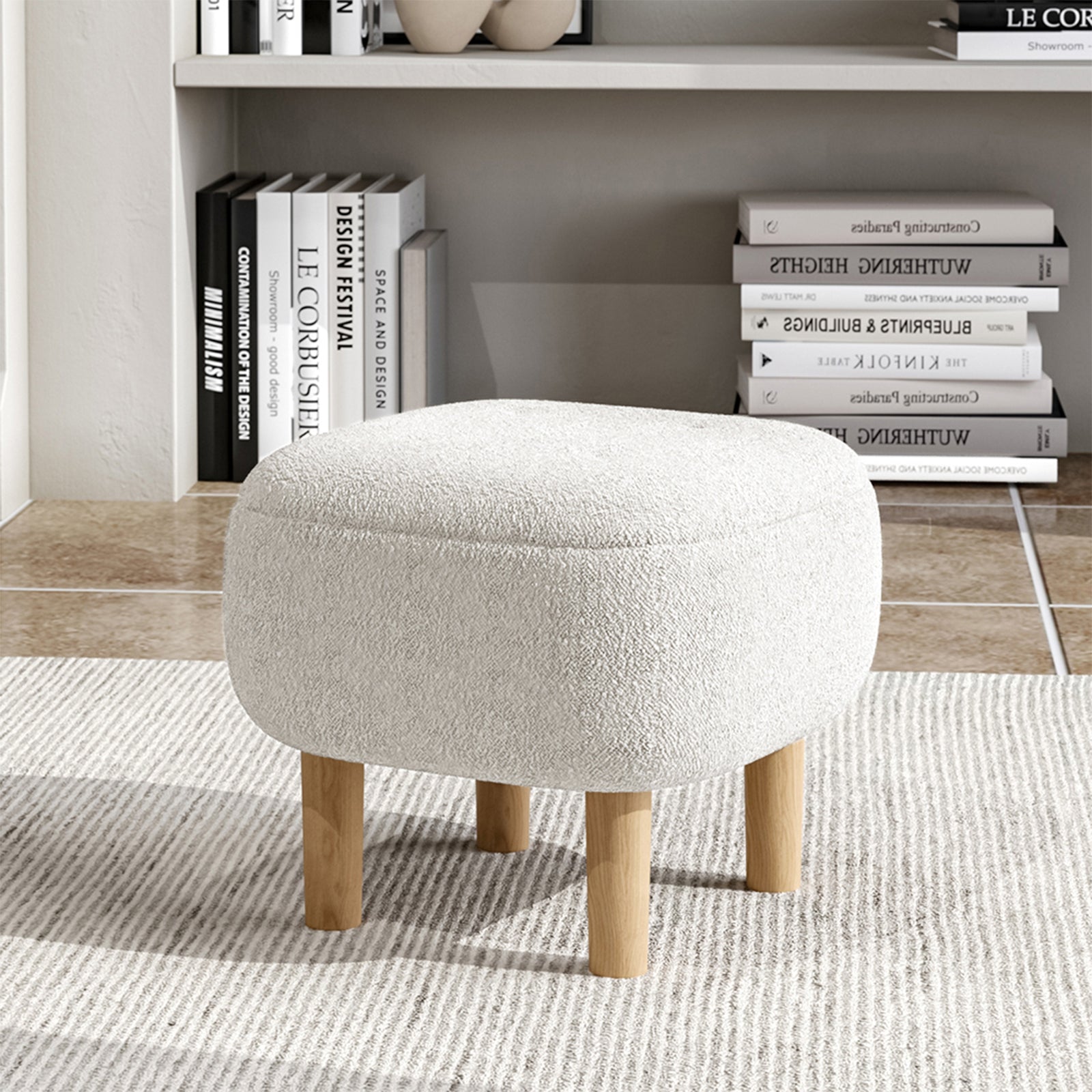 Teddy Fleece Footstool With Rubberwood Legs & Felt Pads | White