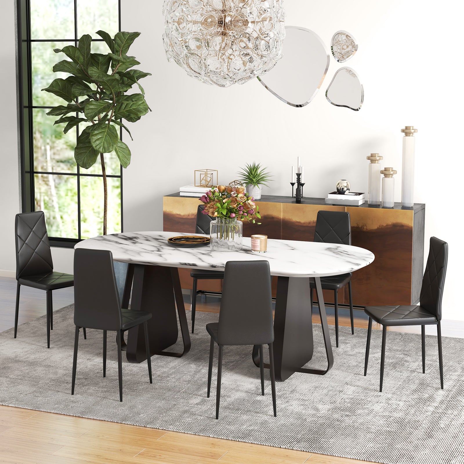 6-pieces Dining Chairs, Faux Leather Kitchen Chairs | Black
