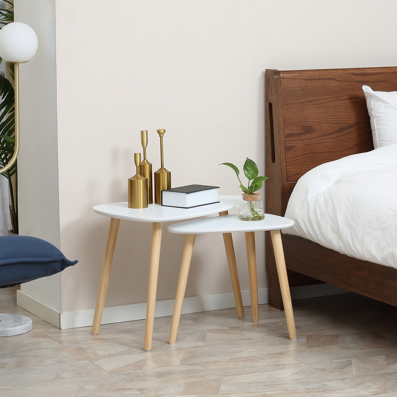 Side Table Set Of 2 Nested Coffee Table With Solid Wood Legs | White