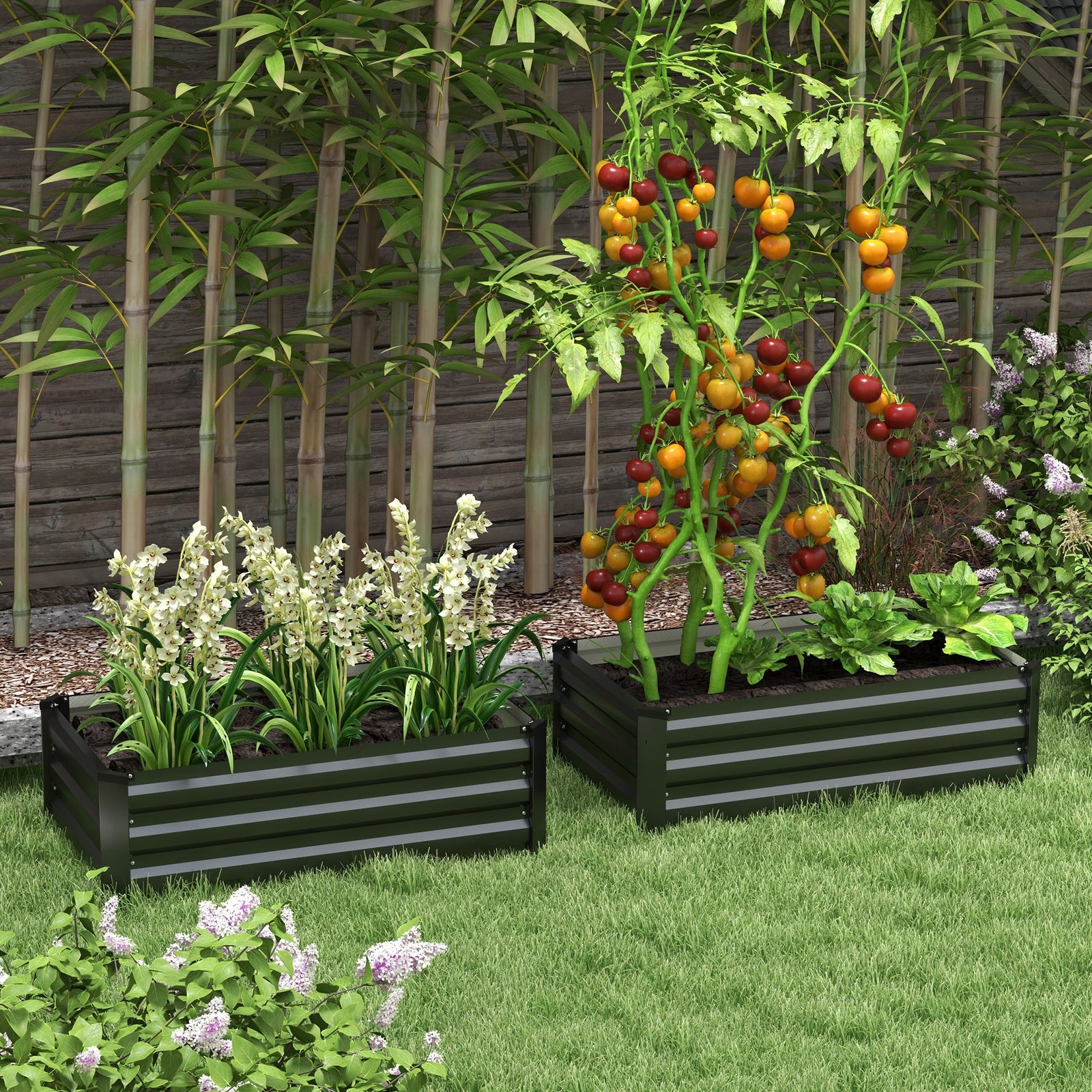 Set Of 2 Galvanized Raised Garden Bed Grey