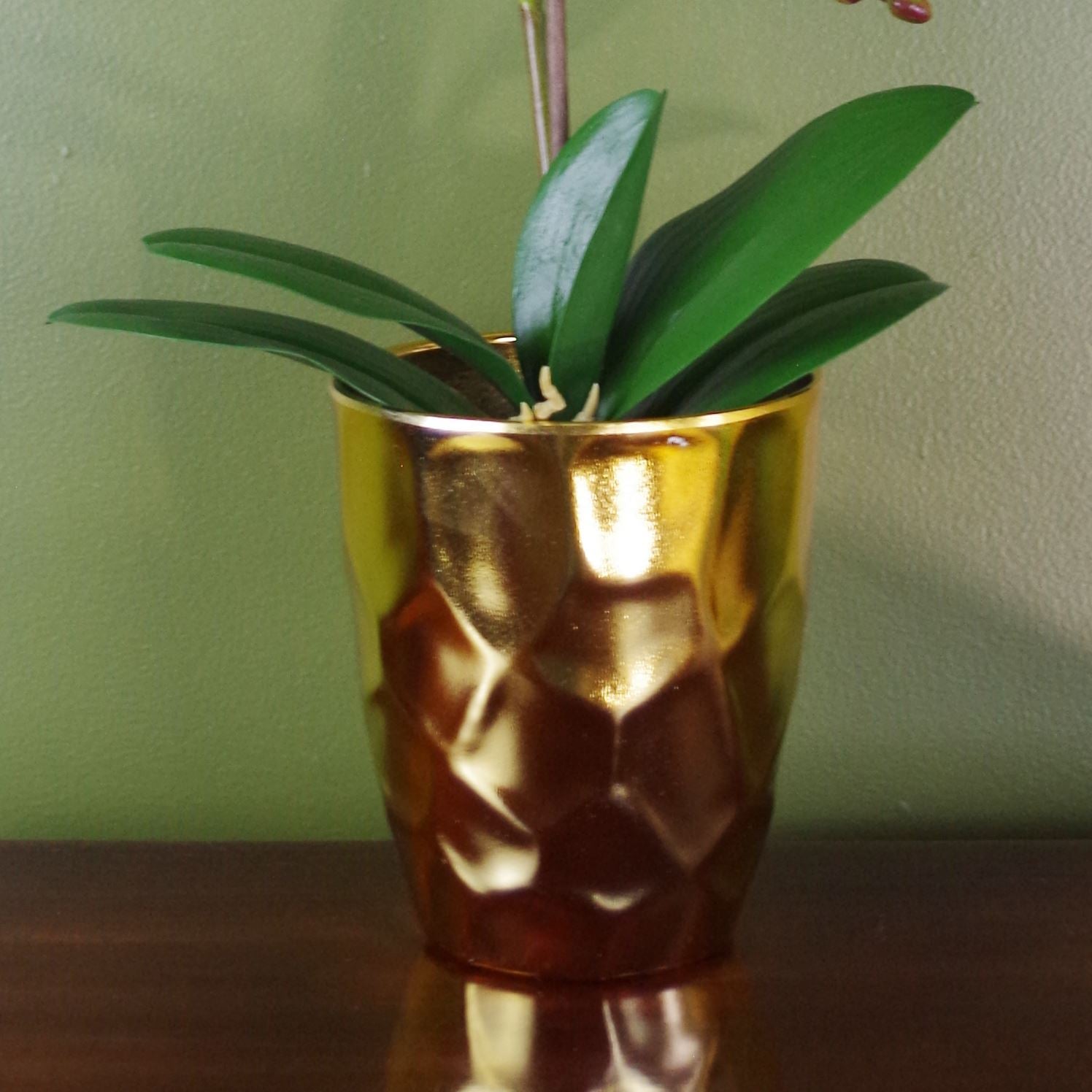 Artificial Orchid Plant Dark Pink Gold Pot 54cm