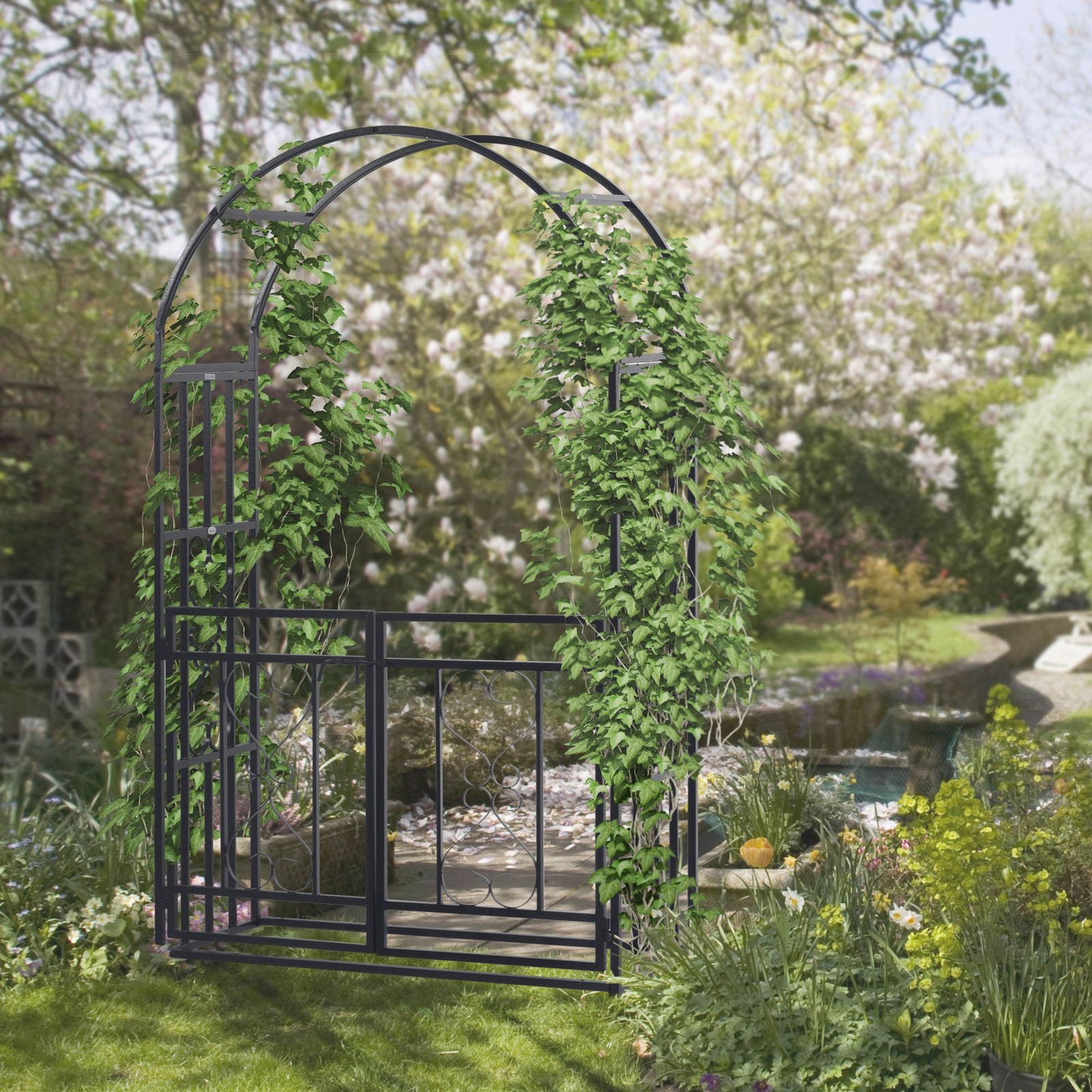 Dark Grey Metal Garden Arch With Double Gates