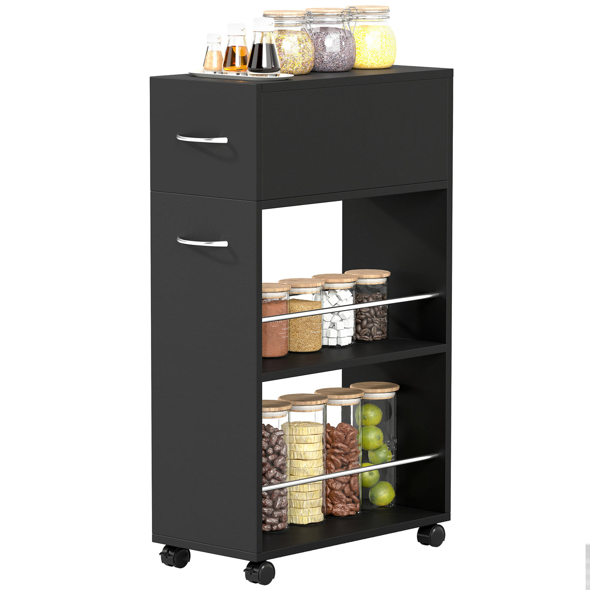 HOMCOM Rolling Storage Unit With Drawer Surface Top And 4 Wheels, Black