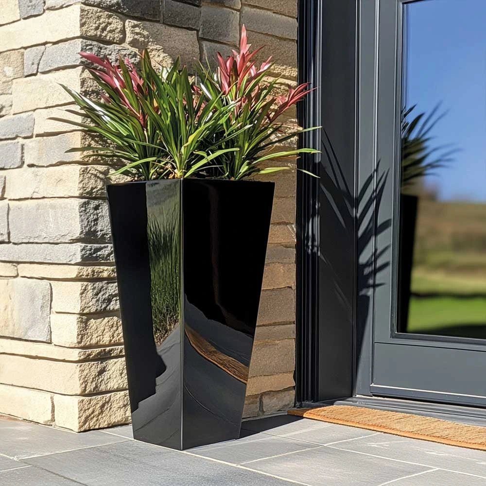 Zinc Galvanised Tall Flared Tapered Square Planter | 30cm x 30cm x 70cm | Glossy Black