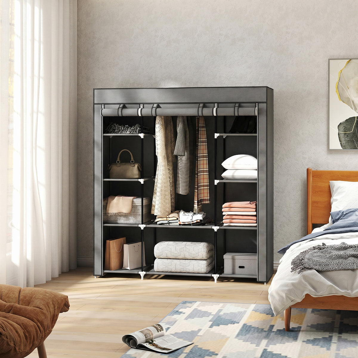 HOMCOM Fabric Wardrobe With 10 Shelves, Foldable Closet