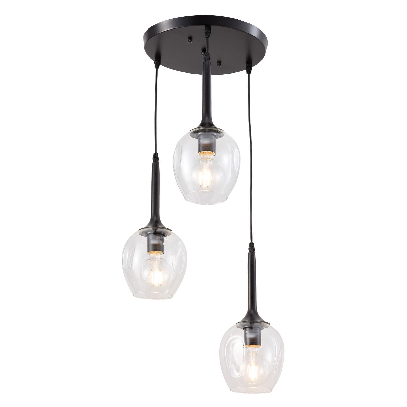 Black Modern 3-light Pendant Ceiling Lamp Height Adjustable Hanging Light Fixture With Glass Shades