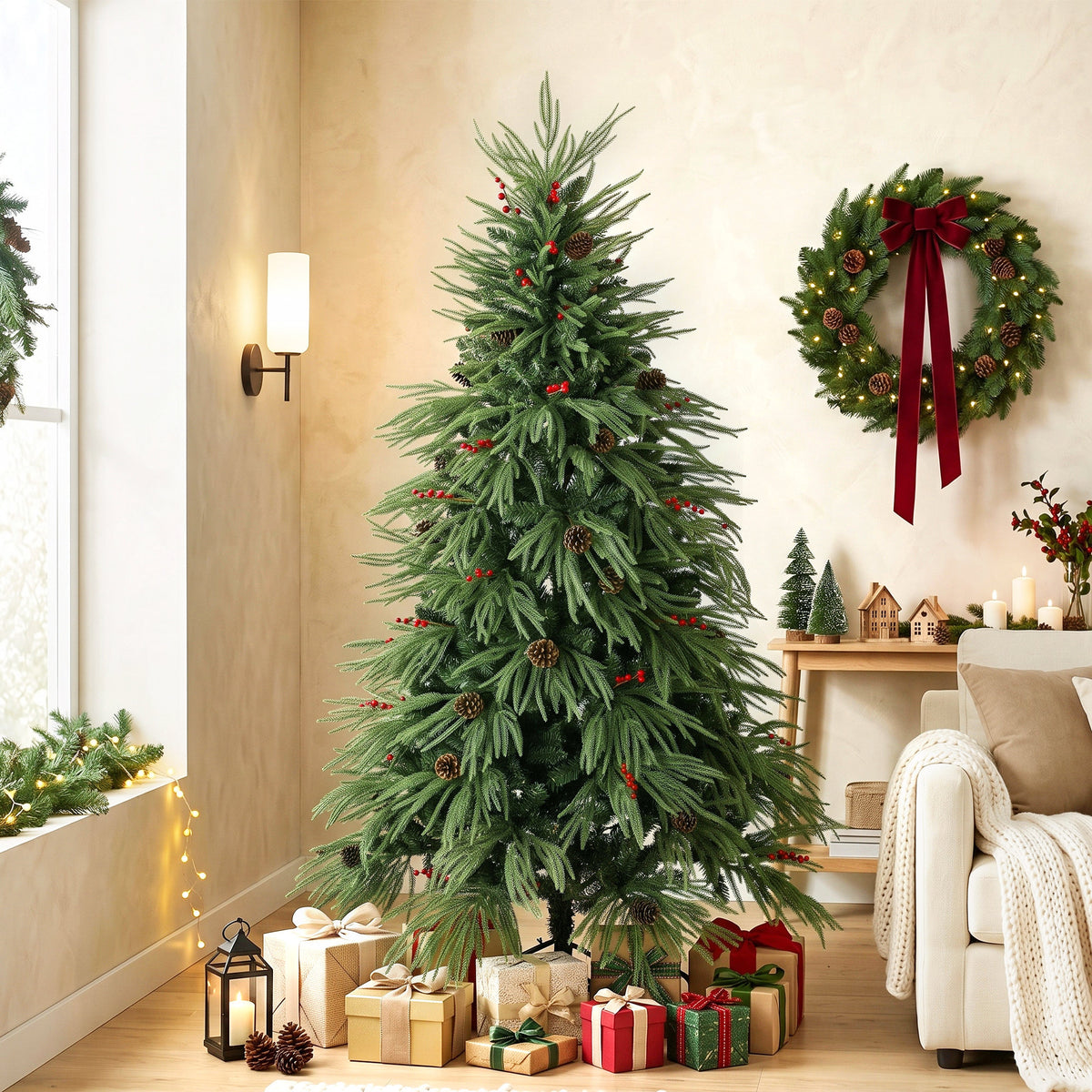 HOMCOM 6ft Predecorated Artificial Christmas Tree, Hinged Xmas Tree, Green