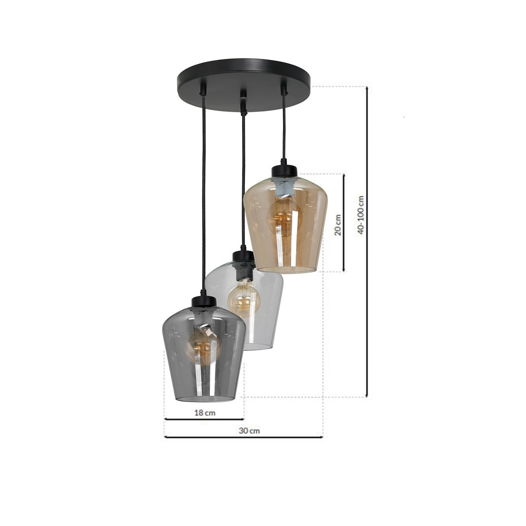 Santiago Triple Black Pendant Lamp E27 Hand Made With Elegant Glassshades In Delicate Amber Cool Smoked Grey And Clear