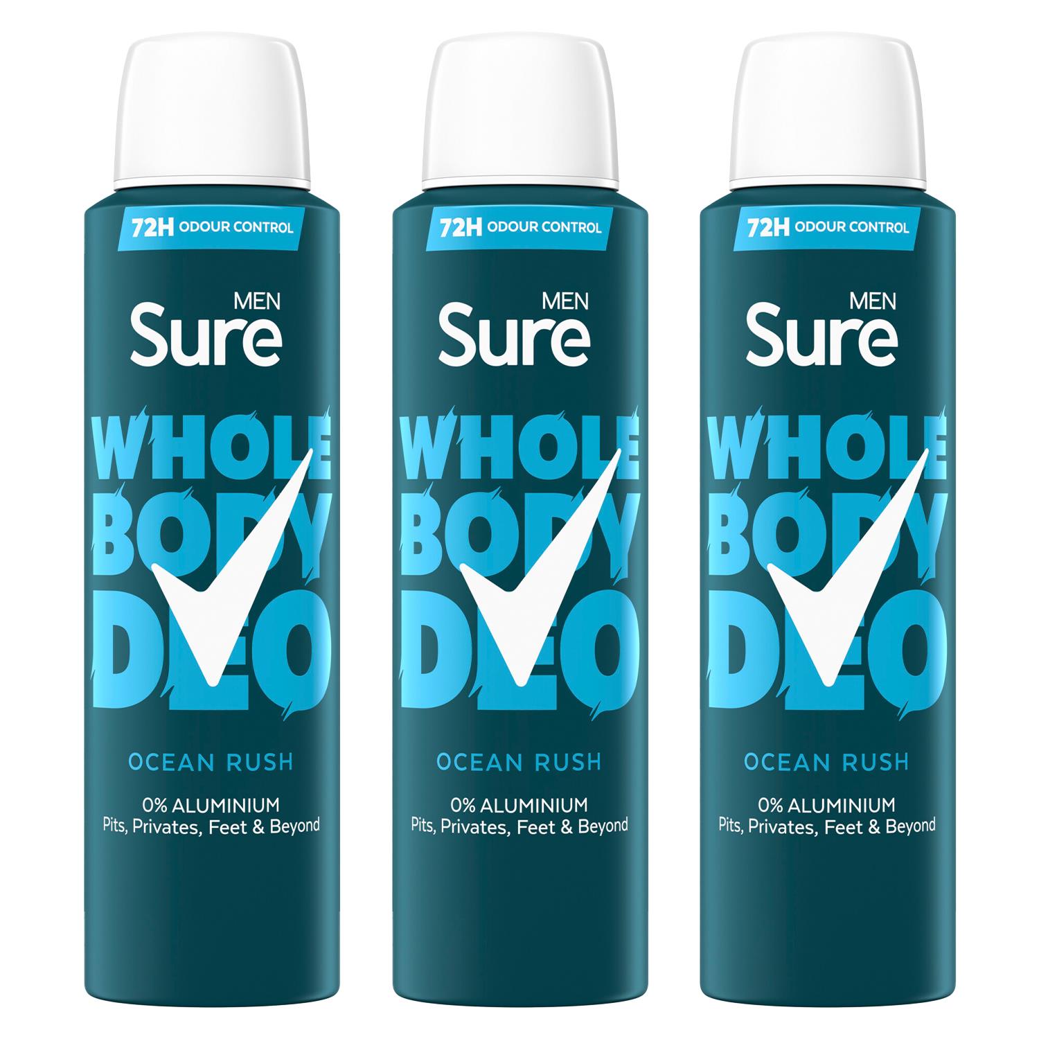 Men Whole Body Deodorant Spray Ocean Rush W/ 72h Odour Control 150ml, 3pk
