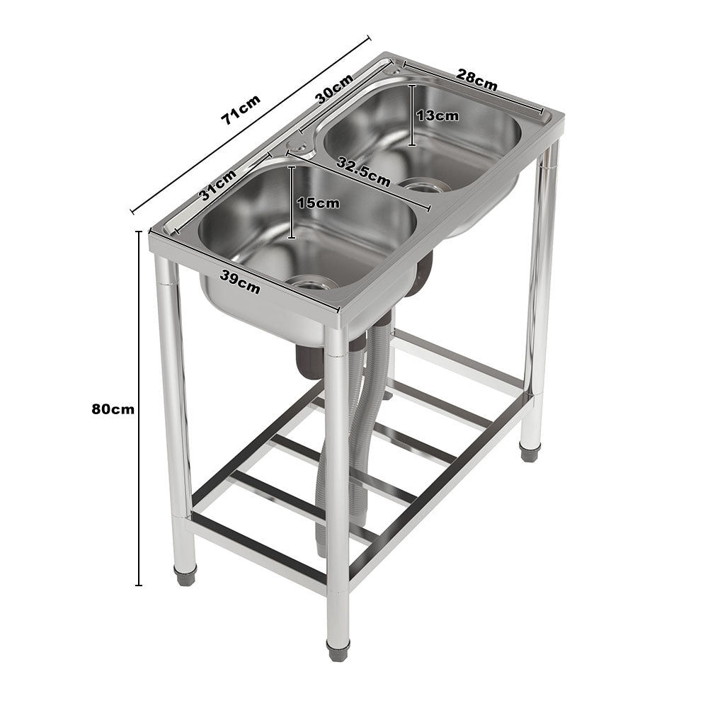71cm W X 39cm D X 80cm H Two Compartment Stainless Steel Sink With Shelf