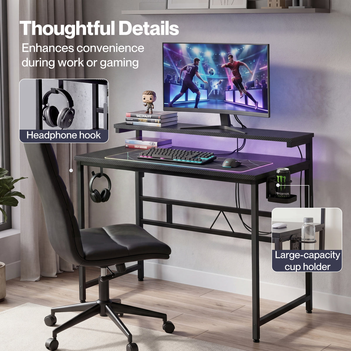 Compact Gaming Desk Pc Computer Table With Adjustable Monitor Shelf | Black