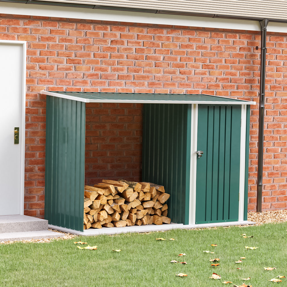 2.5m W Steel Outdoor Garden Storage Shed With Log Stacking Rack | Green