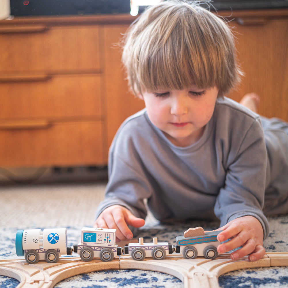 Wooden Drilling Train Engine & Carriages
