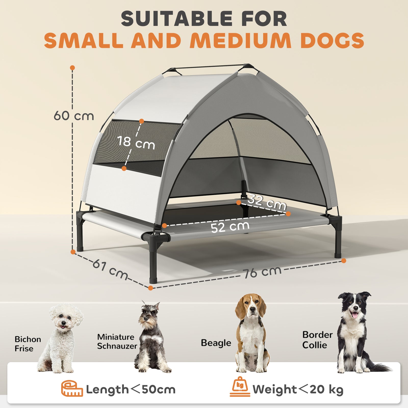 Portable Elevated Dog Bed With Removable Canopy, 76 X 61 X 70 Cm