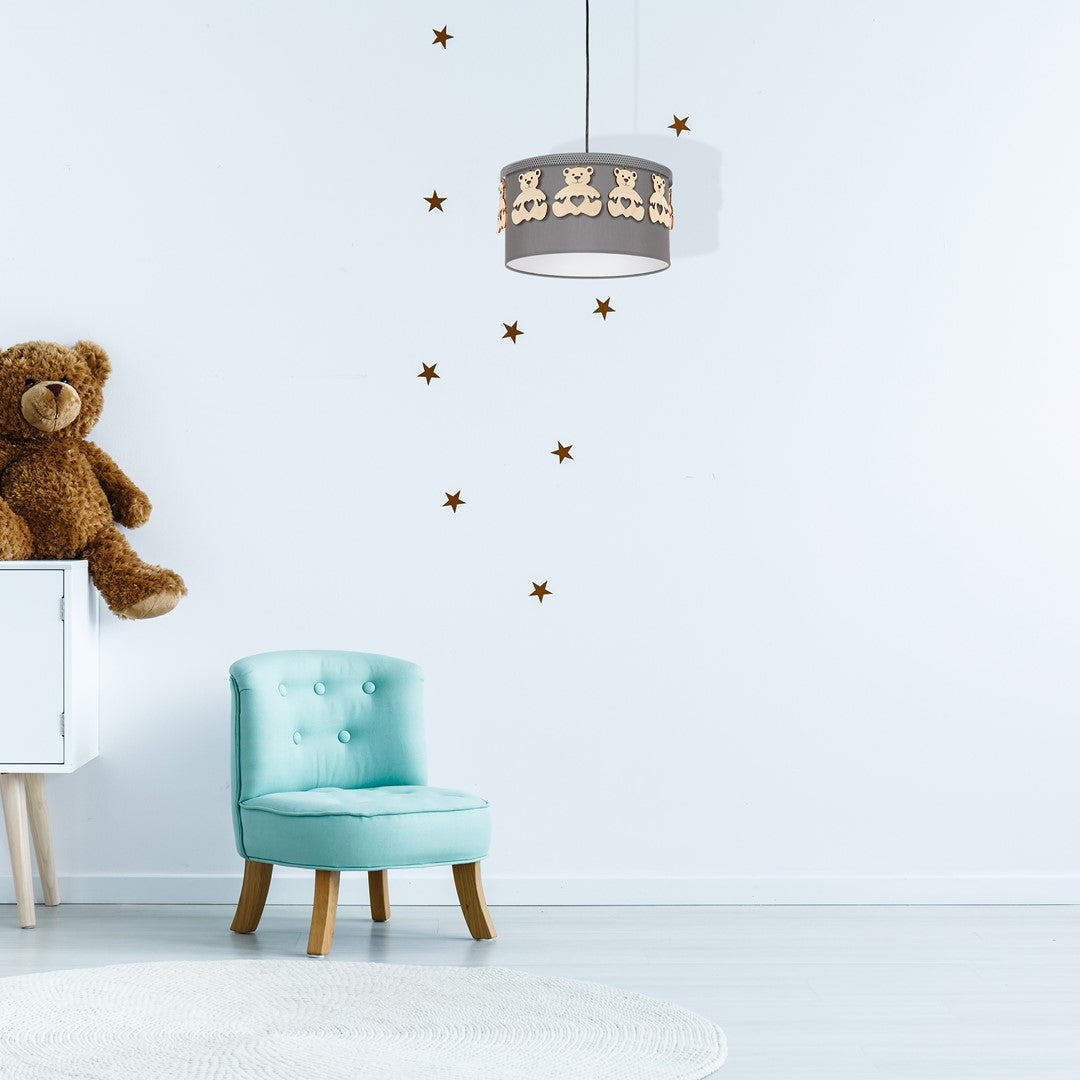 Mis Grey Pendant Lamp 1xe27 Beautifully Hand Made From Contemporary Grey Fabric With Natural Wooden Teddybears
