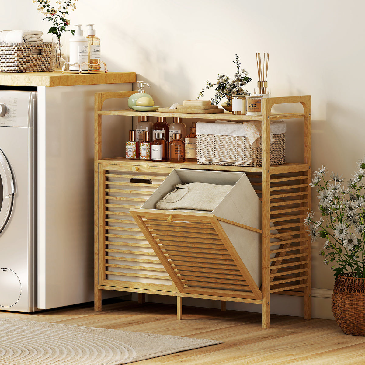 HOMCOM Double Tilt Out Laundry Cabinet Bamboo Laundry Hamper Cabinet