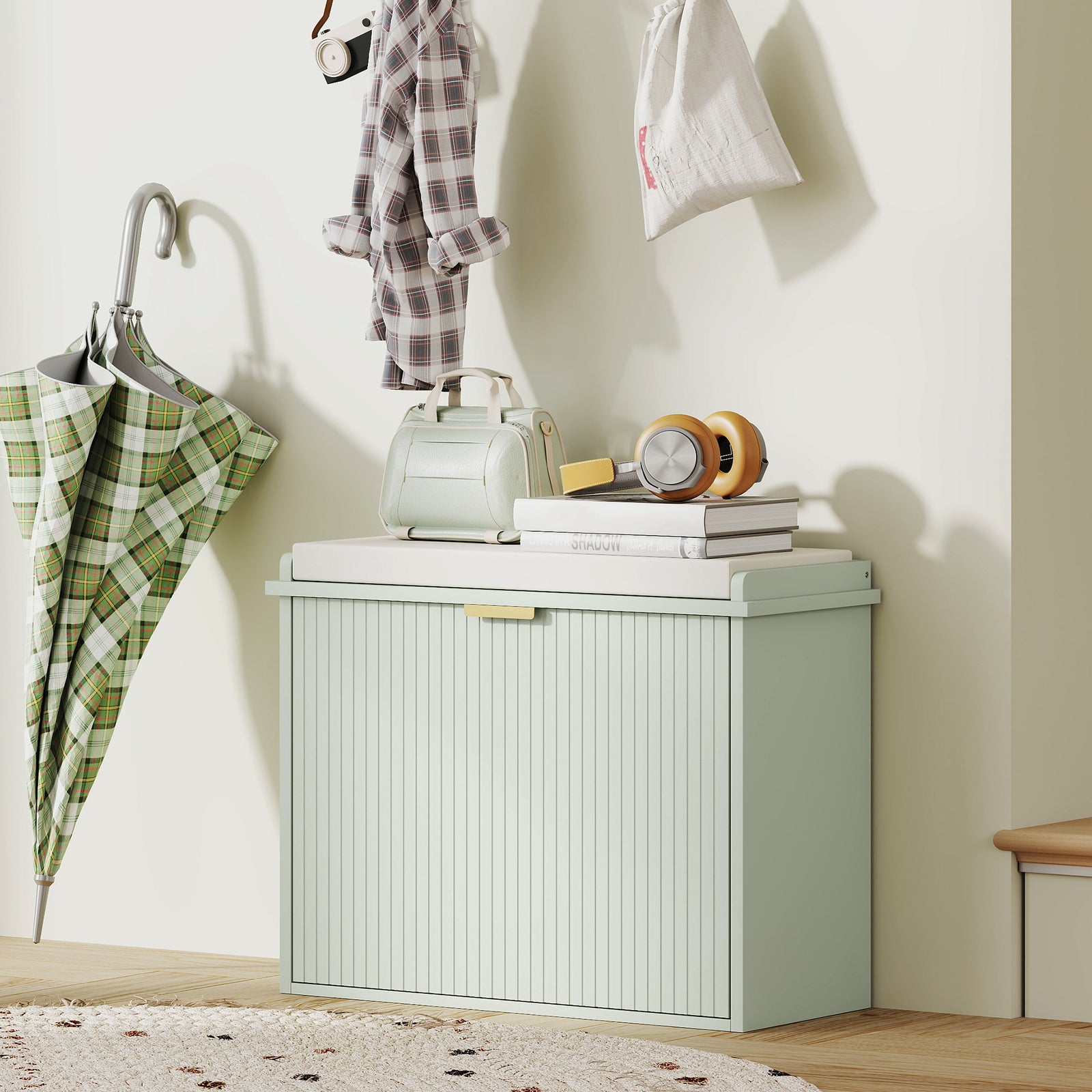 Shoe Storage Bench With Cushion And Flip-drawer | Small | Green