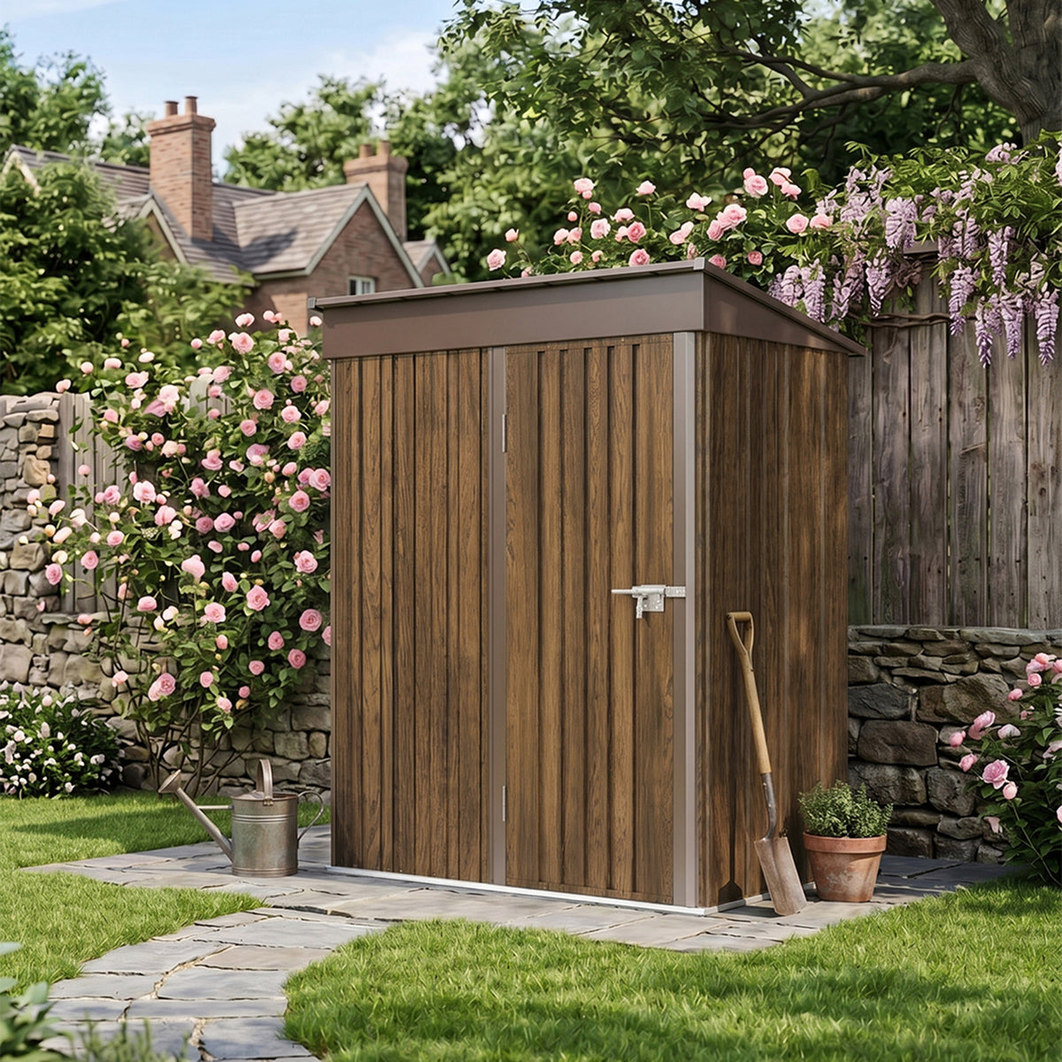 3x5 Ft Outdoor Pent Roof Metal Garden Storage Shed With 3d Brown Wood Grain Finish