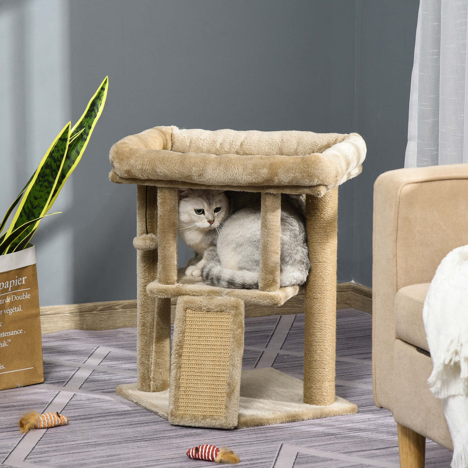 Cat Tree Activity Centre W/ Scratching Pad, Toy Ball, Cat House | Brown