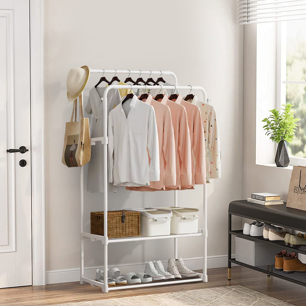 Double Rod Metal Clothes Rack Heavy Duty Garment Organizer With Shelves For Closet Or Bedroom | White