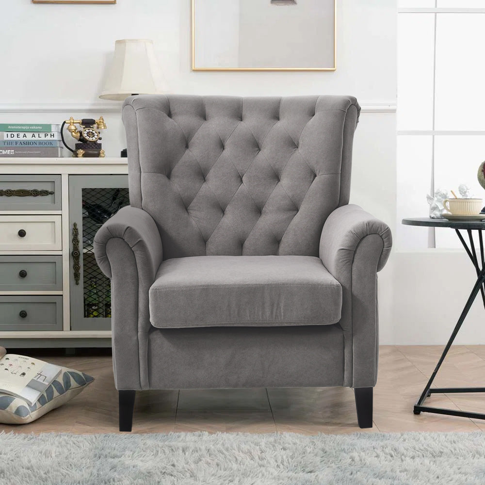 Tufted Upholstered Wingback Armchair– Elegant Accent Chair | Grey