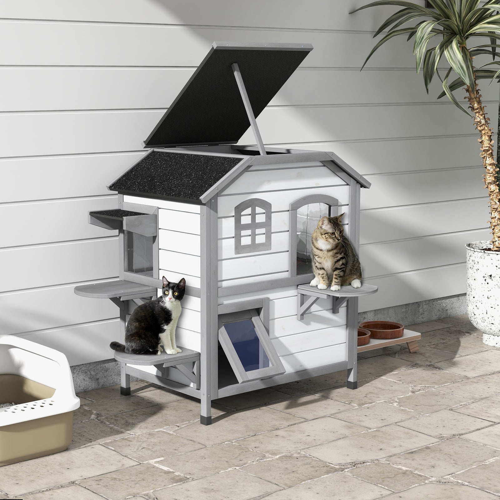 Wooden Cat House Cat Cave Pet Shelter Condos Outdoor | White