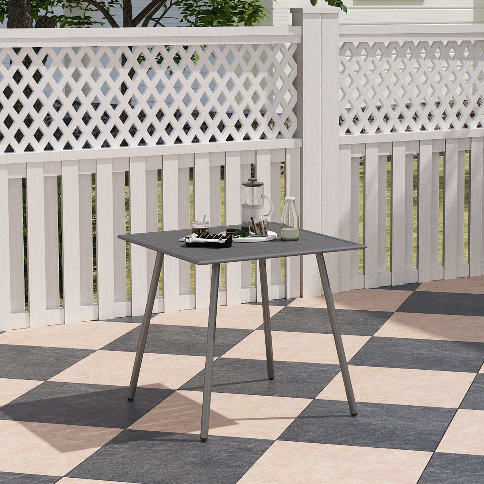 Garden Table For 4/6 Person W/ Slat Top, Steel | Medium | Gray