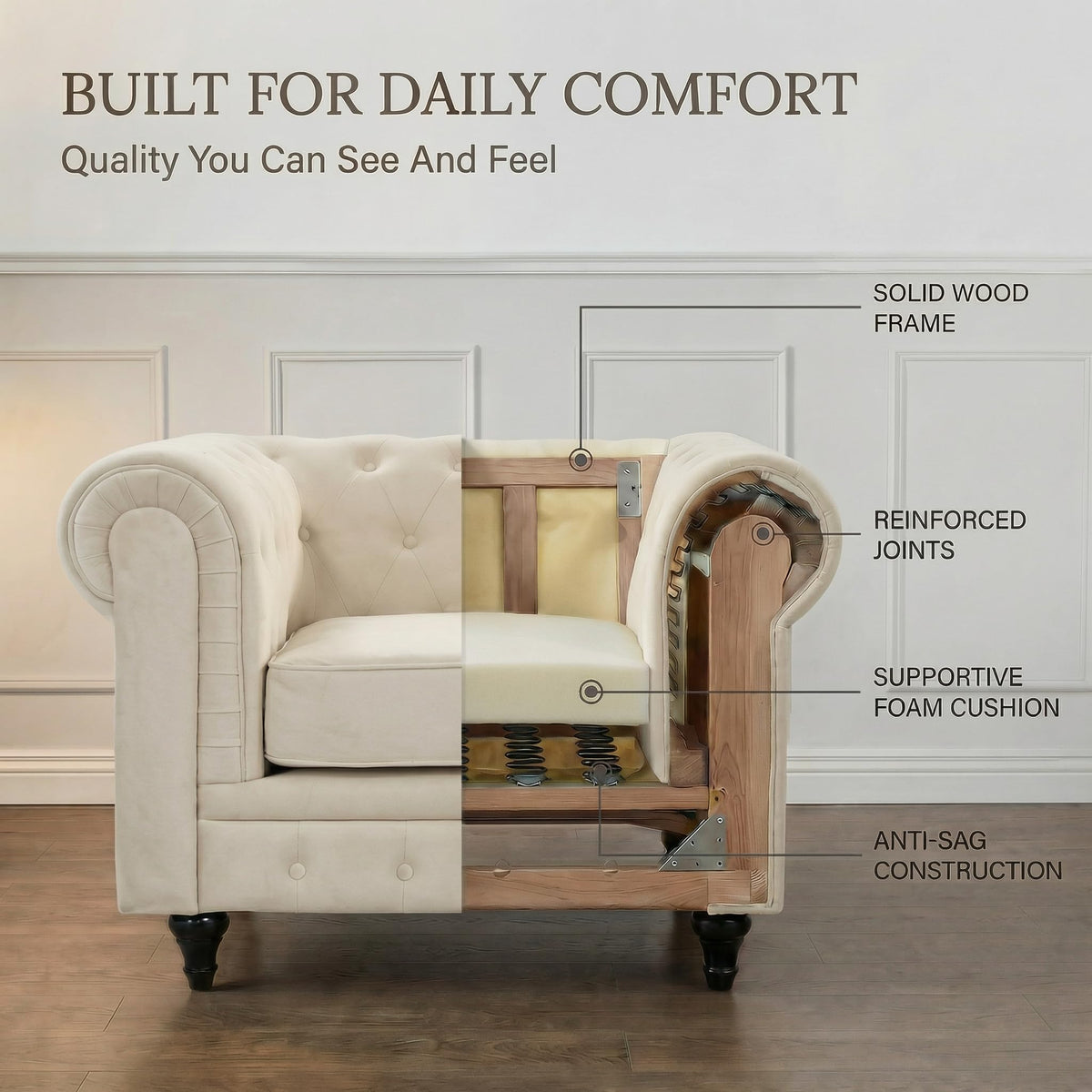 Chesterfield Scroll Arm Velvet Sofa 1 Seater | Beige