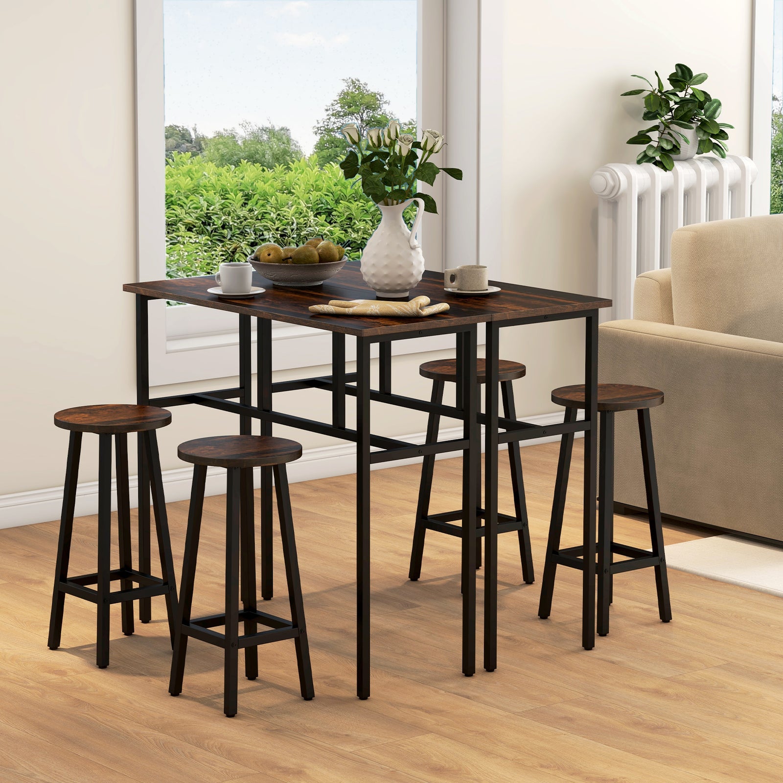 6 Piece Industrial Bar Table Set 2 Breakfast Tables | Brown