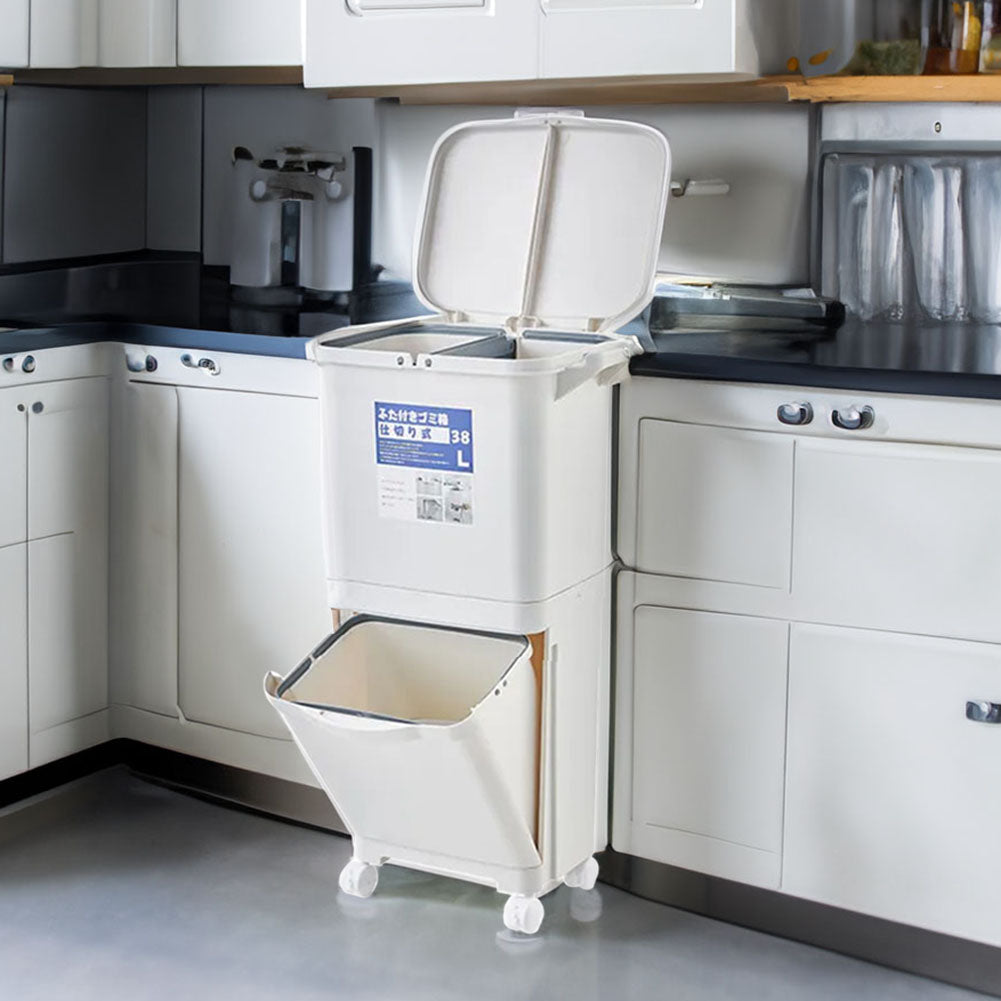White Double-layer Three-compartment Trash Can With Wheels | 38l