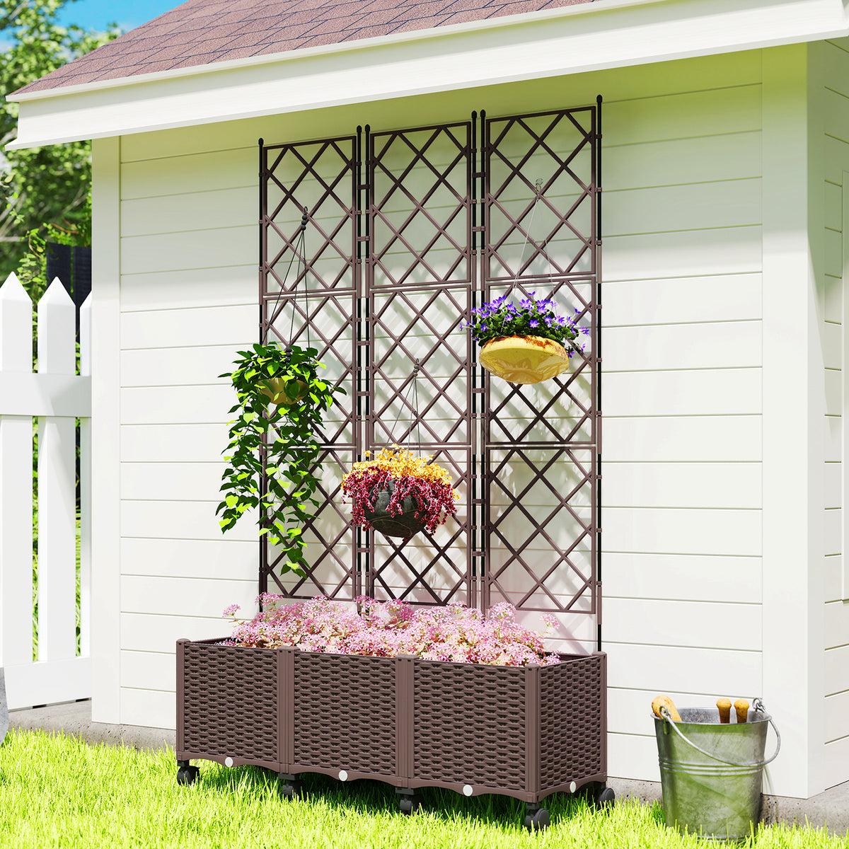 Outsunny Plastic Raised Planter With Trellis And Self Watering Design