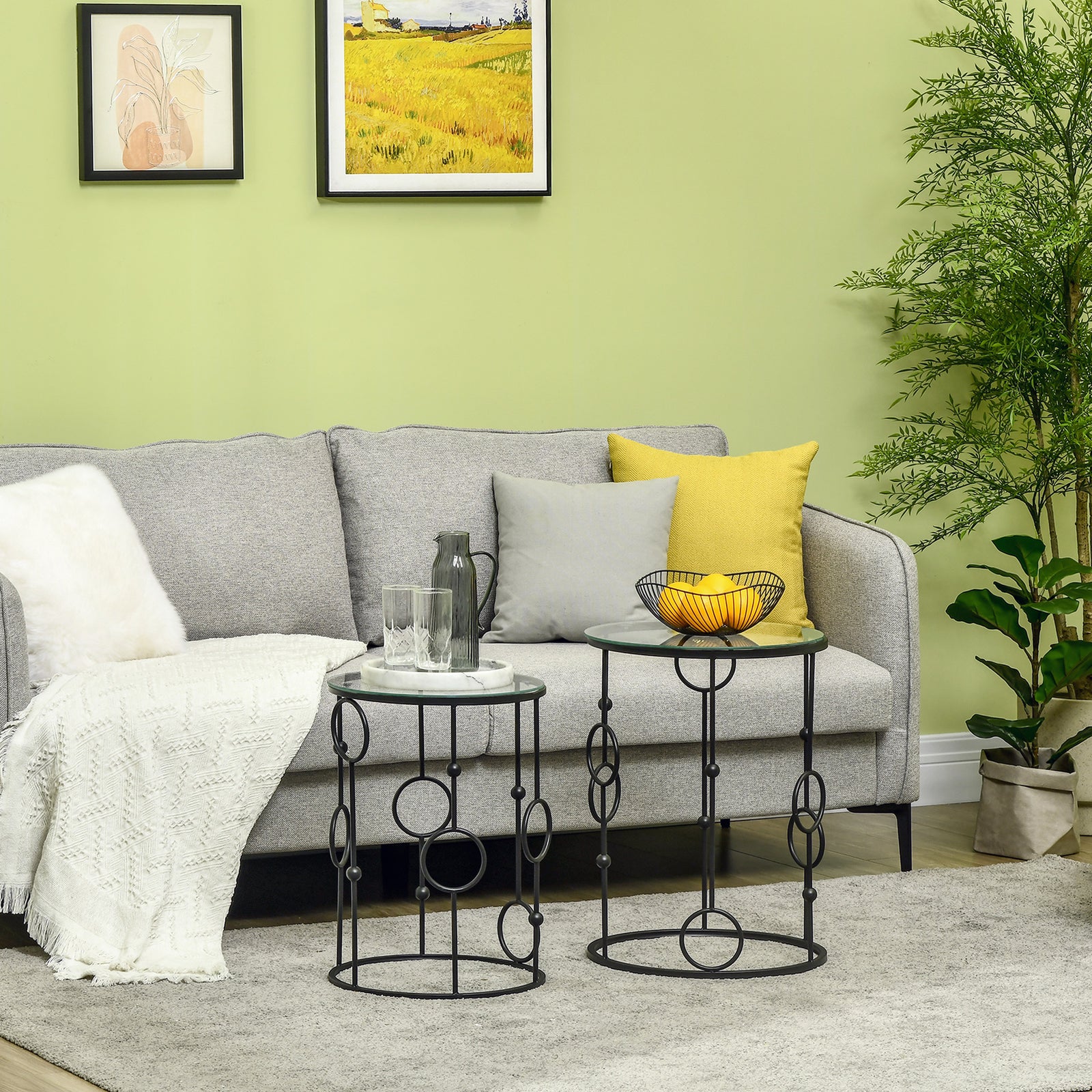HOMCOM Set Of 2 Nesting Coffee Table, Side Tables With Glass Top, Black