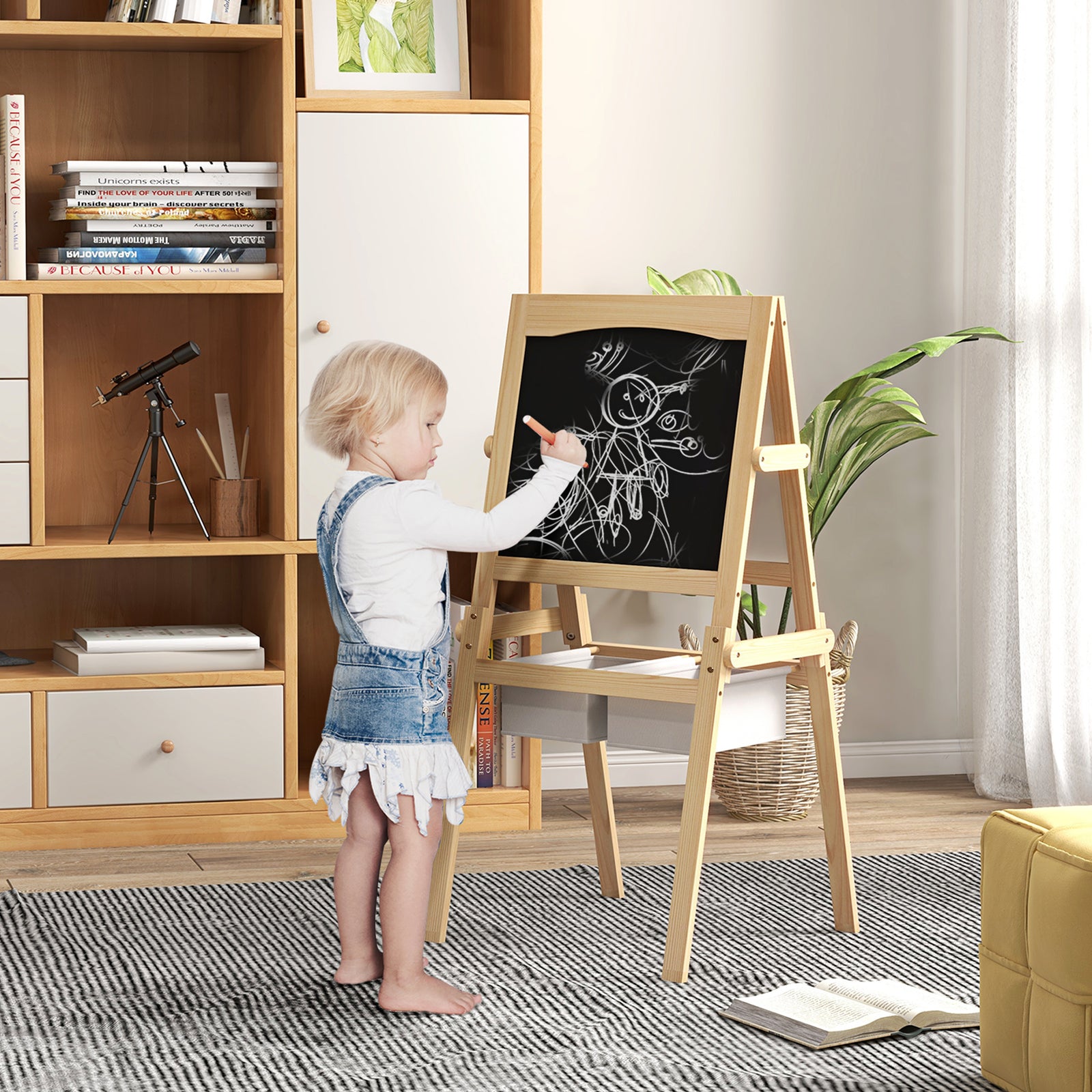 3 In 1 Kids Easel With Paper Roll, Storage Baskets - Natural