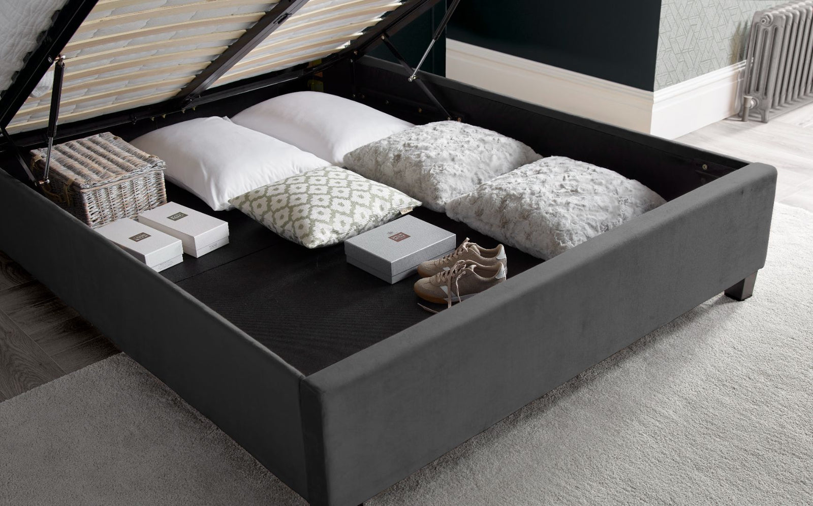 Aurora Velvet Ottoman Bed | King | Grey