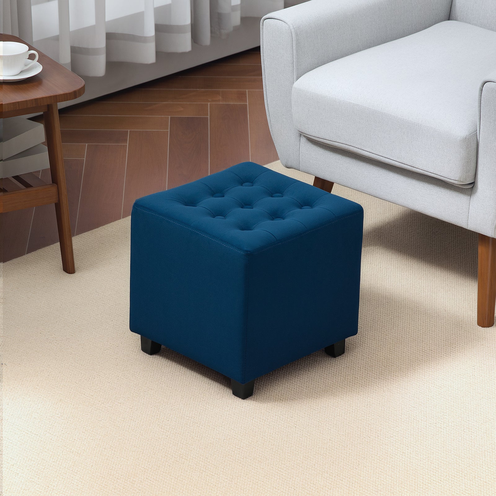 Square Footstool Small Ottoman With Wood Legs For Bedroom | One Size | Blue