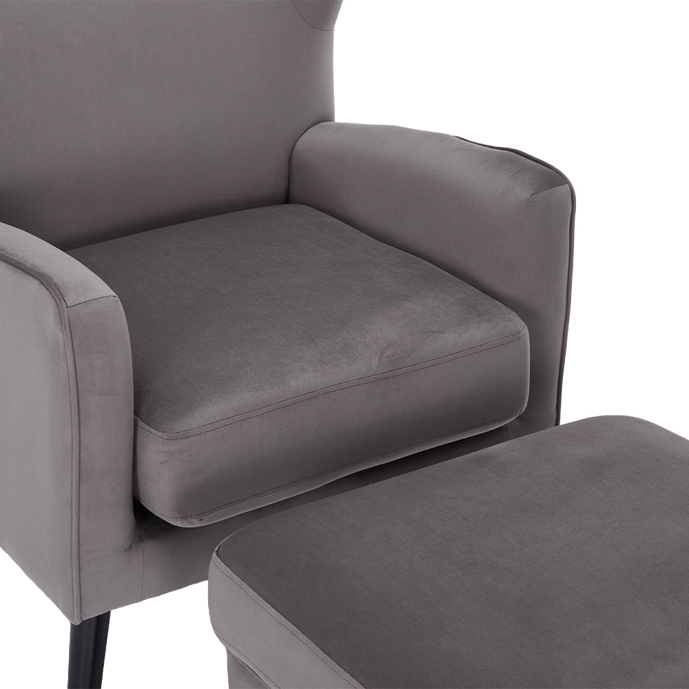 Velvet Upholstered Leisure Chair With Footstool – Accent Armchair With Wooden Frame | Grey