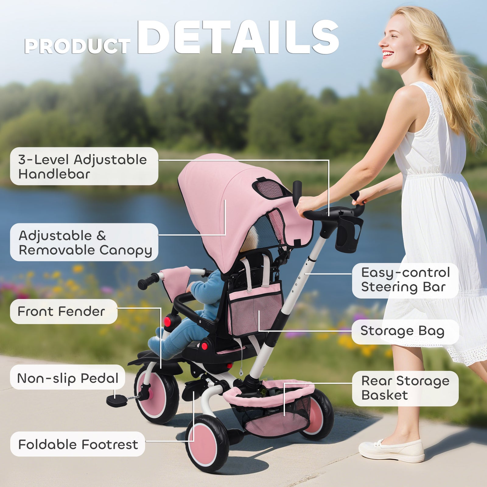 6 In 1 Kids Trike, Toddler Tricycle With Parent Handle | Pink